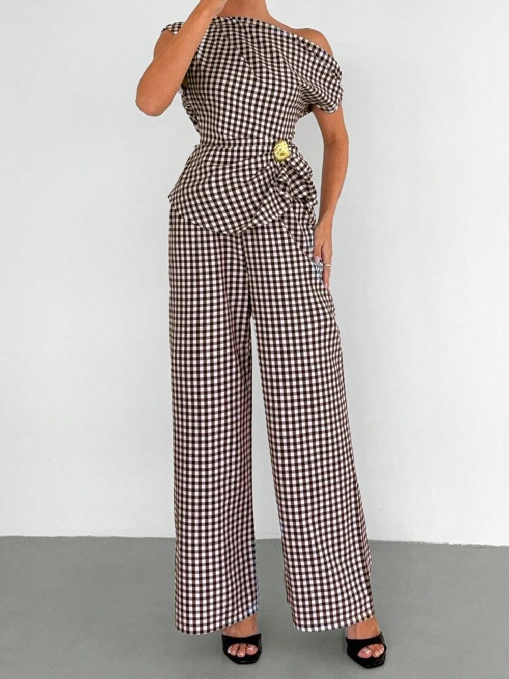 Brown Elegant Chic Plaid Women's One-Shoulder Peplum Top & Wide-Leg Pants Set - Picture 6 of 7